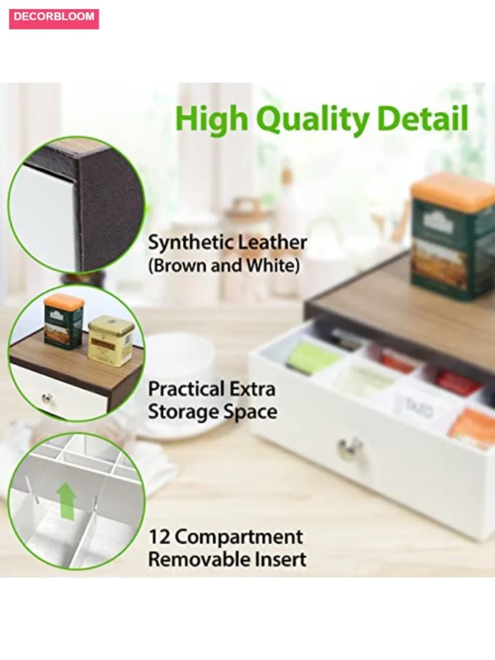 Tea Bag Organizer Countertop with Drawer 12 Compartments Acrylic Leather